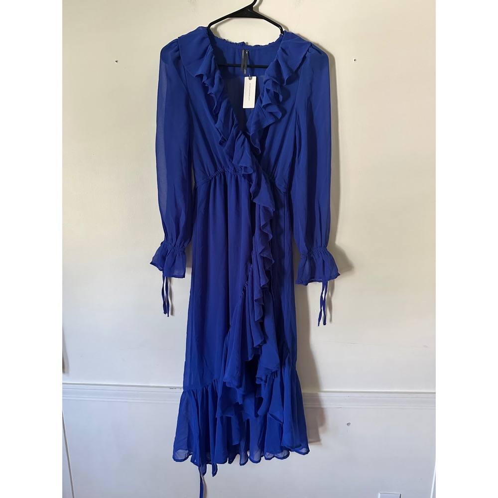 Anthropologie Royal Blue Ruffle V-Neck Smocked Mini Dress Long Sleeve NWT XXS